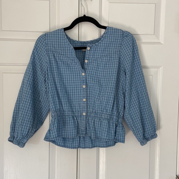Madewell Chambray Puff-Sleeve Peplum Top in Windowpane - Picture 4 of 5